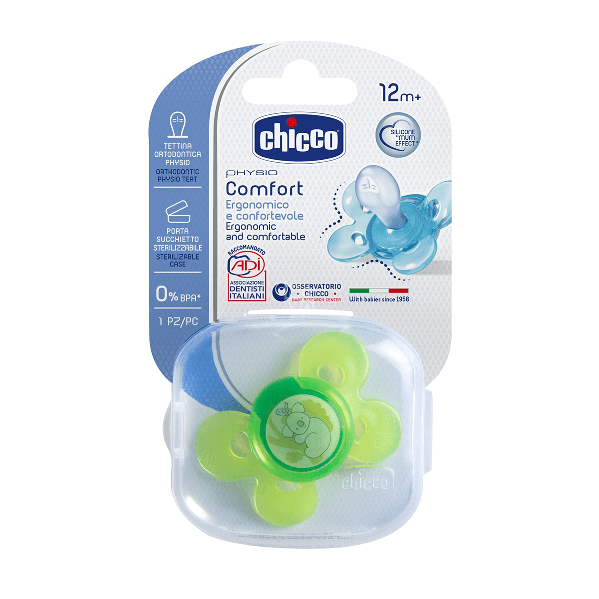 chicco-comfort-12-green.png لهاية الاطفال Chicco Comfort Night Pacifier 12m+ Green - الصورة 1