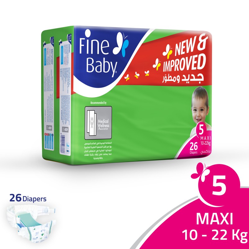 finr-baby-double-5.jpg فوط الاطفال Fine Baby Diapers, Size 5, 10-22 Kg, Double Pack, 26 Count - الصورة 1